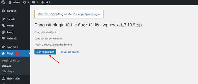 Kích hoạt plugin WP Rocket.