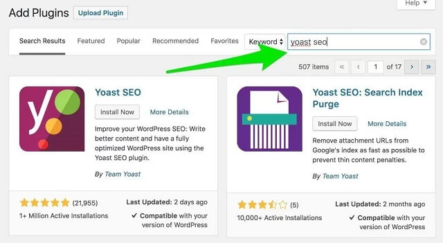 Click vào mục "Ad new" và nhập "Yoast SEO"